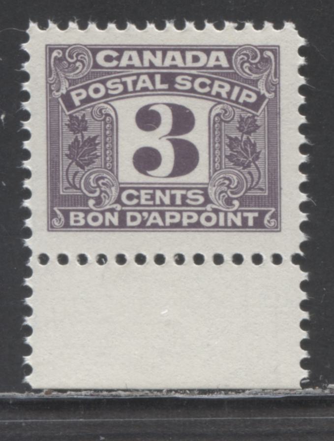 Lot 30 Canada #FPS43 3c Purple , 1967 Third Issue Postal Scrip, A VFNH Single With Smaller Design Size