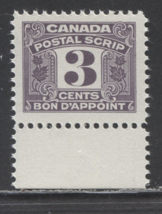 Lot 30 Canada #FPS43 3c Purple , 1967 Third Issue Postal Scrip, A VFNH Single With Smaller Design Size