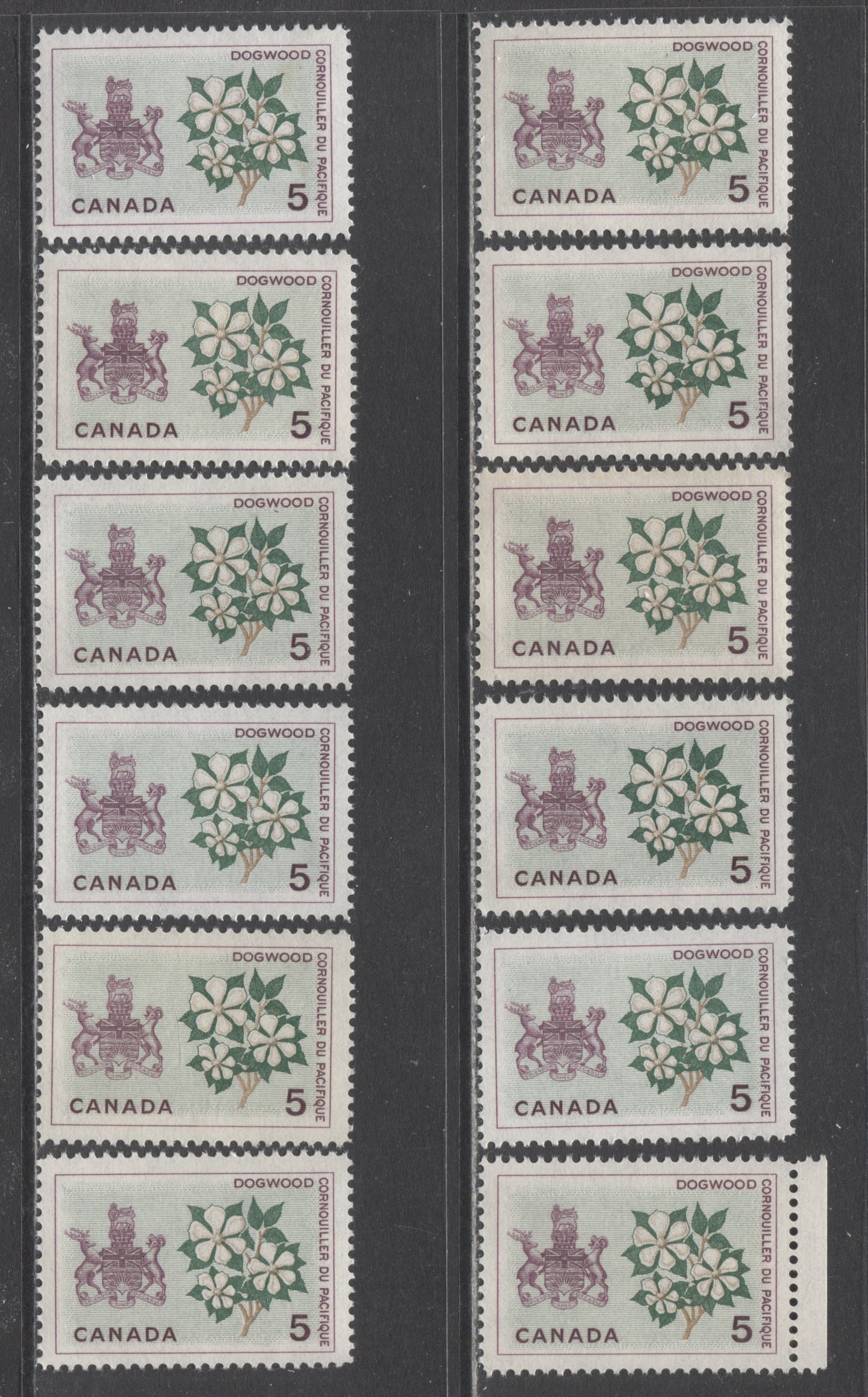 Canada #423-i 5c Lilac, Green & Bistre British Columbia, 1964 Floral Emblems & Coat Of Arms, 12 VFNH Singles With 2 Types Of DF & 3 Types Of Fluorescent Papers & Different Perfs