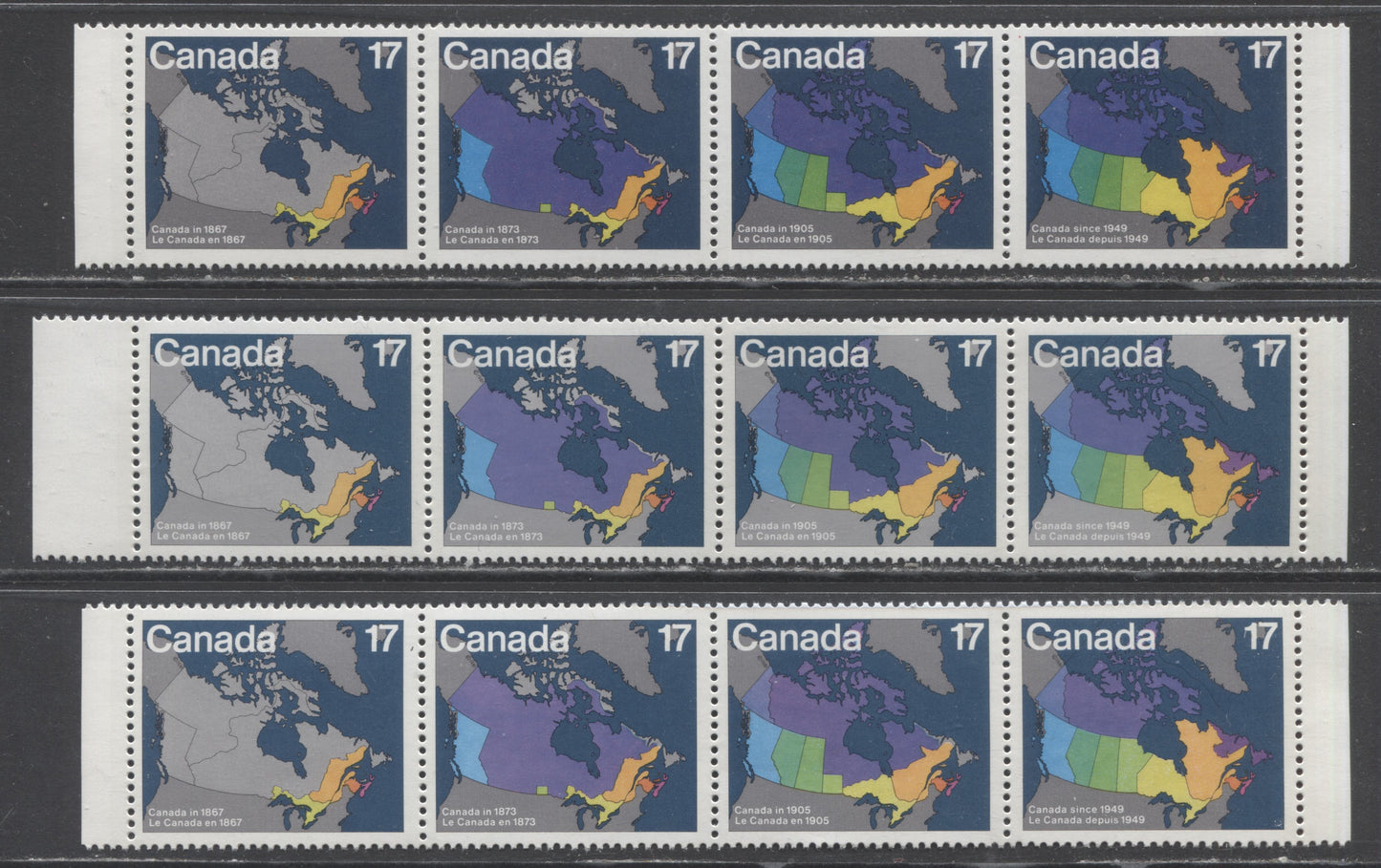 Canada #893a 17c Multicolored Map Of Canada, 1981 Canada Day Issue, 3 F/VFNH Se-tenant Strips Of 4  Showing Different Color Variations