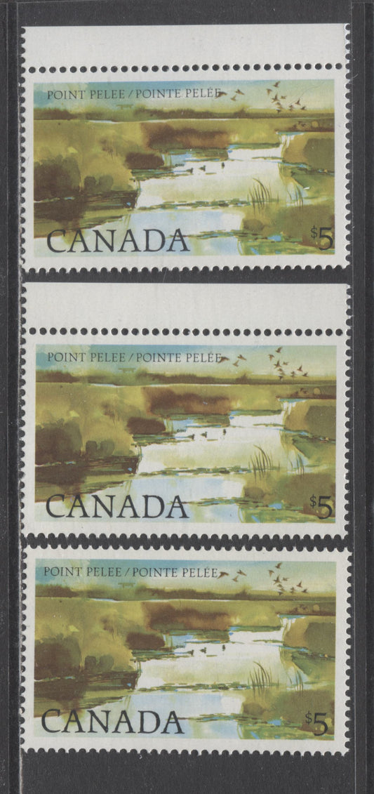 Canada #937 $5 Multicolored Point Pelee, 1982-1987 Medium-Value Artifacts Definitives, 3 VFNH Singles With Three Paper Types, DF/DF-fl, LF/LF-fl & LF/DF-fl, Plate 1 Abitibi Printings