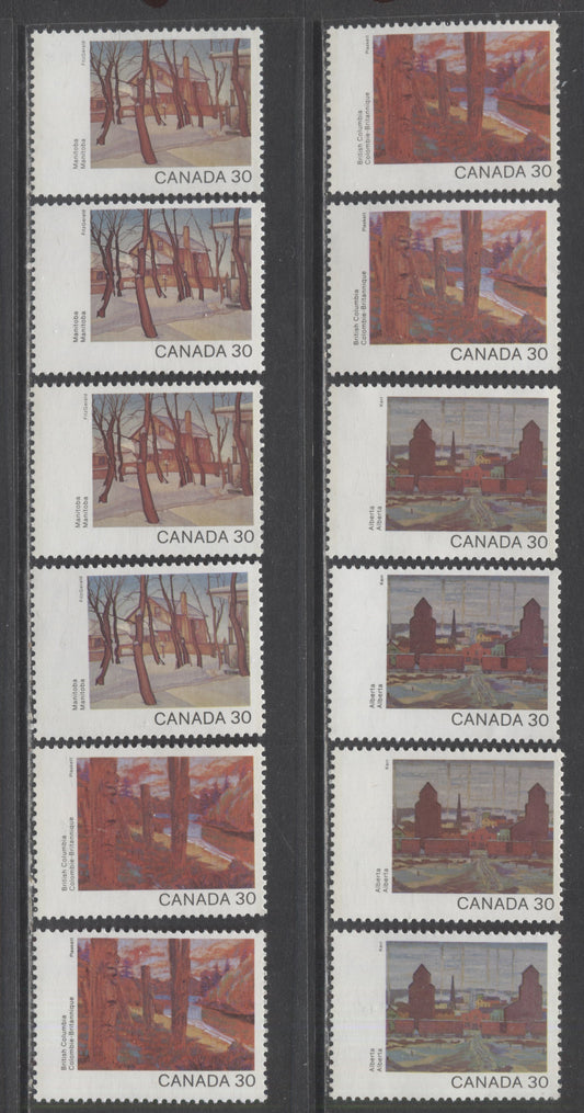 Canada #964-966 30c Multicolored Alberta-Manitoba, 1982 Canada Day Issue, 12 VFNH Singles With 4 Paper Types, LF/LF-fl, NF/NF, DF/LF-fl & DF/DF-fl