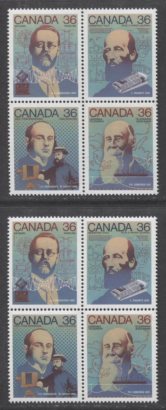 Canada #1138a 36c Multicolored, 1987 Canada Day Science And Technology 2 Issue, 2 VFNH Se-Tenant Blocks Of 4 On LF/DF & DF/LF Papers, Both Unlisted