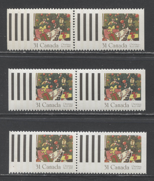 Canada #1151 31c Multicolored, 1987 Christmas Issue, 3 VFNH Booklet Pairs Showing Both Small And Large Perforation Hole Varieties And Green And Darker Green Shades Of Christmas Tree