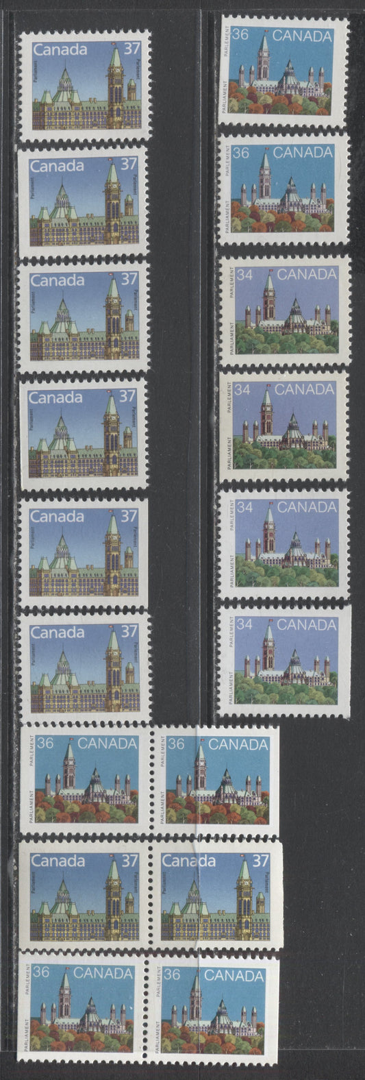 Canada #925as, 925asi, 925b, 925cs, 926be, 926bdis, 1163cs, 1163bs, 1163bsi 34c, 36c, 37c Multicolored, 1985-1987 First Class Definitives, Domestic First Class Rate Issues, 12 VFNH Booklet Singles & 3 Pairs All Different Papers