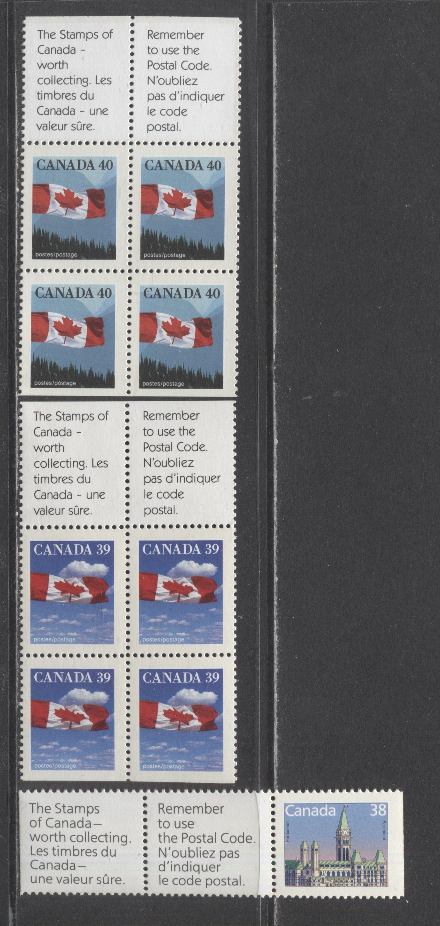 Canada #1165as, 1166as-asi, 1169as 38c-40c Multicolored Flag Over Mountains, 1988-1990 Domestic First Class Rate Issue, 3 VFNH Booklet Caption Blocks & Strips Plus 2 Labels