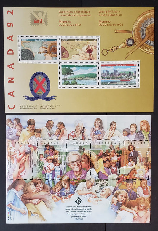 Lot 15 Canada #1407a, 1523 42c-43c Multicolored Montreal/Social Aid, 1992-1994 Canada '92 & UN Year Of The Family Issues, 2 VFNH Souvenir Sheets Of 4 & 5
