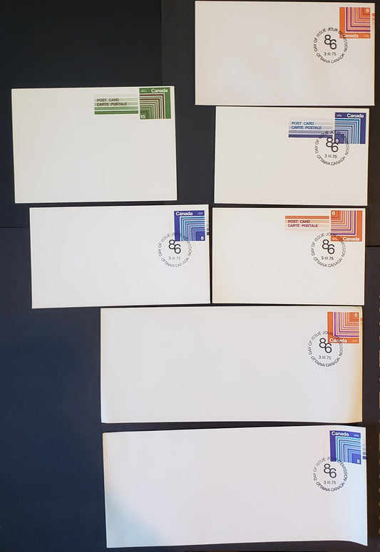 Canada #U103-a, U104-a, UX110, UX111, UX115 6c, 8c & 15c Multicolored Fisher Issue 1975-1979 Postal Envelope, 7 Prestamped Envelopes and Postcards, #8 and #10 Size, All Tagged, Most Cancelled With Day Of Issue Cancels, Cat. Value $3.5