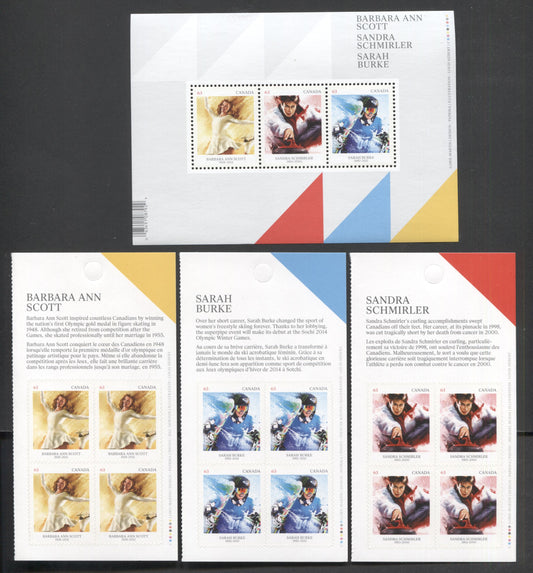 Lot 139 Canada #2704-2707 63c Multicolored Barbara Ann Scott-Sarah Burke, 2014 Pioneers Of Winter Sports Issue, 3 VFNH Souvenir Sheets & Booklet Panes Of 4