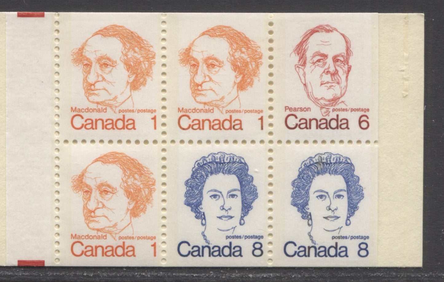 Canada #BK74ki, 1972-1978 Caricature Issue, A Complete 25c Booklet, MF Junkers W-34 Cover, NF/NF Smooth, Vertical Ribbed Paper, Deeper Shades, Extra Hairline Tag Bar On 1/1 And 2/1, Re-entry On Postage