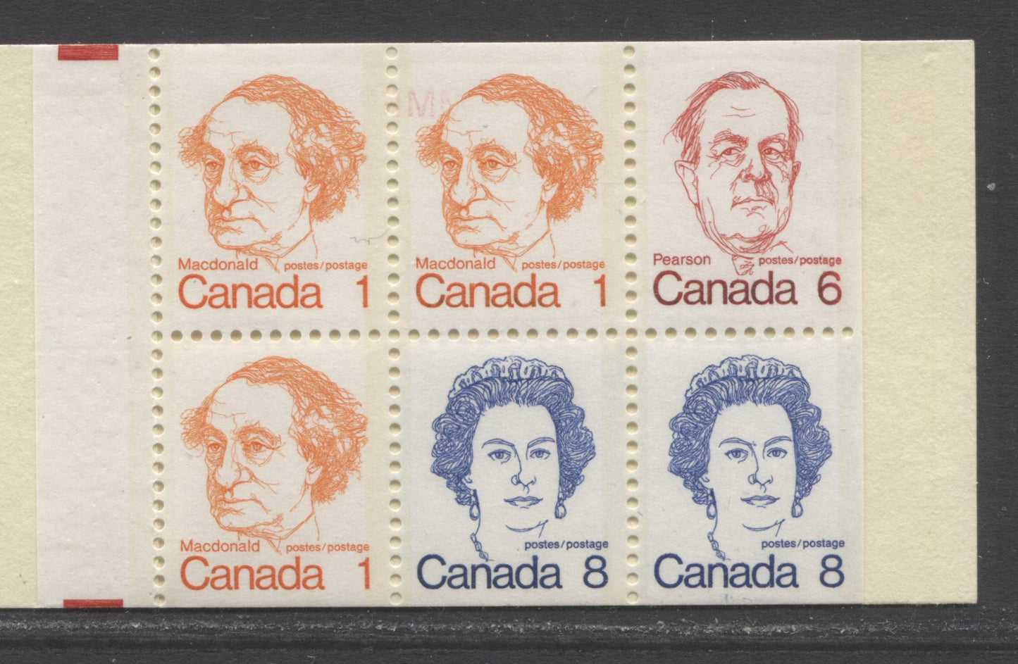 Canada #BK74hi, 1972-1978 Caricature Issue, A Complete 25c Booklet, Dead Argus Cover, NF/NF Smooth Panes, Deeper Shades, Re-entry in Postage On 6c