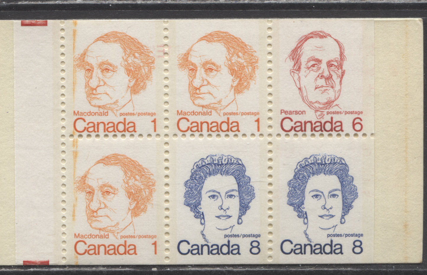 Canada #BK74avar, 1972-1978 Caricature Issue, A Complete 25c Booklet, Dead Cover, DF/DF Vertical Ribbed Pane,Large Orange Ink Smudge Down 1/1 & 2/1, Unlisted In McCann & Unitrade