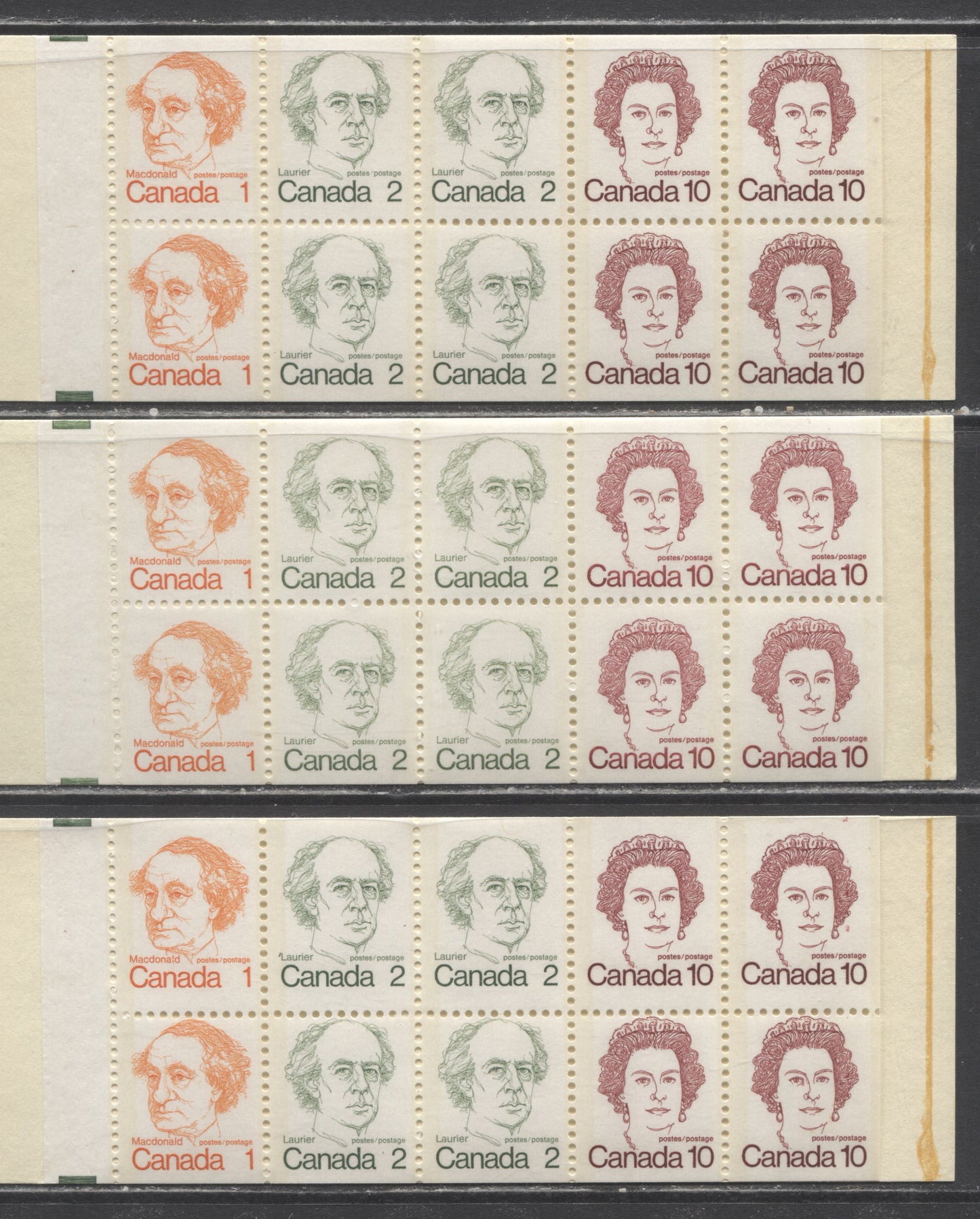 Canada McCann #BK76a,kvar 1972-1978 Caricature Issue, 3 Complete 50c Booklets, HB Covers, DF & DF-fl Panes, Normal & Pale Stamp Shades