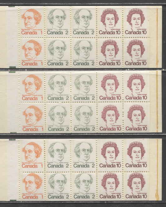 Canada McCann #BK76a,kvar 1972-1978 Caricature Issue, 3 Complete 50c Booklets, HB Covers, DF & DF-fl Panes, Normal & Pale Stamp Shades
