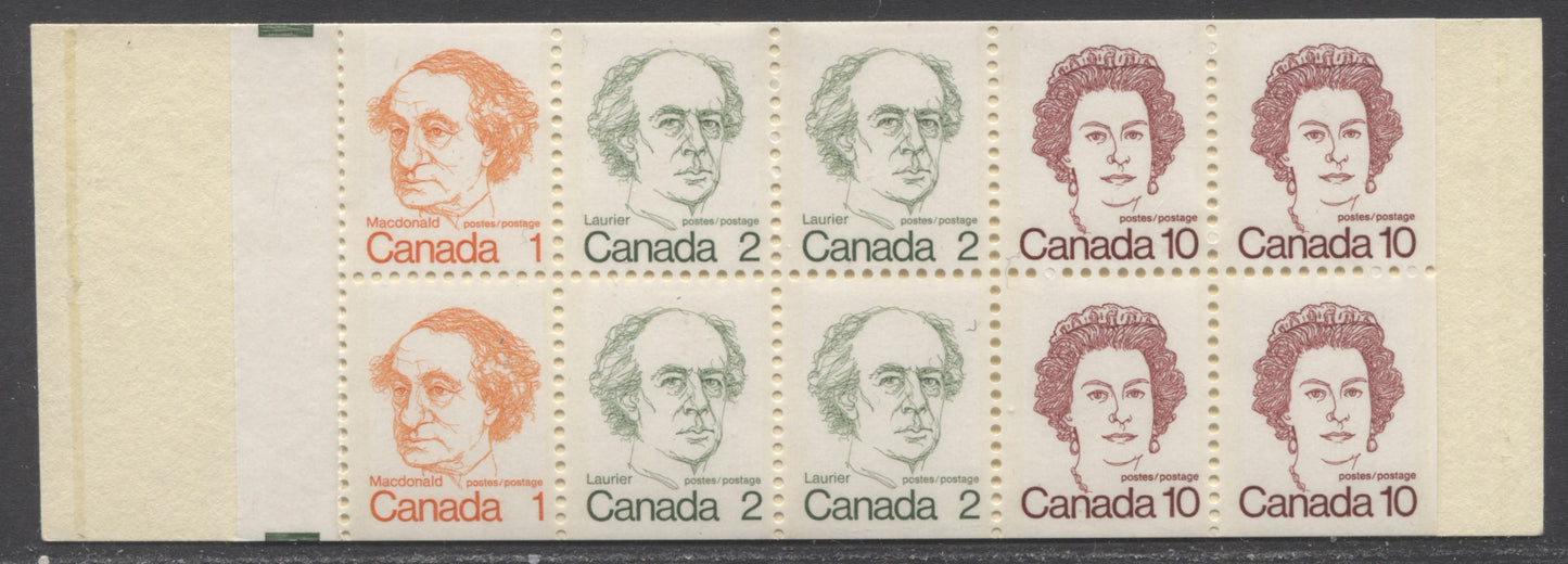 Canada McCann #BK76jvarT3 1972-1978 Caricature Issue, A Complete 50c Booklet, MF Cover, DF-fl Pane With Sparse MF Fibers, Normal Stamp Colors