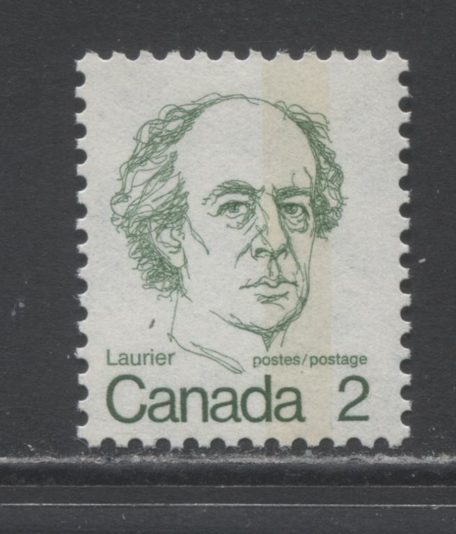 Canada #587i T3a 2c Green Sir Wilfred Laurier, 1973 - 1976 Caricature Issue, A VFNH Single On NF/NF Deep Bluish Grey Paper, G2aC Tagging Error