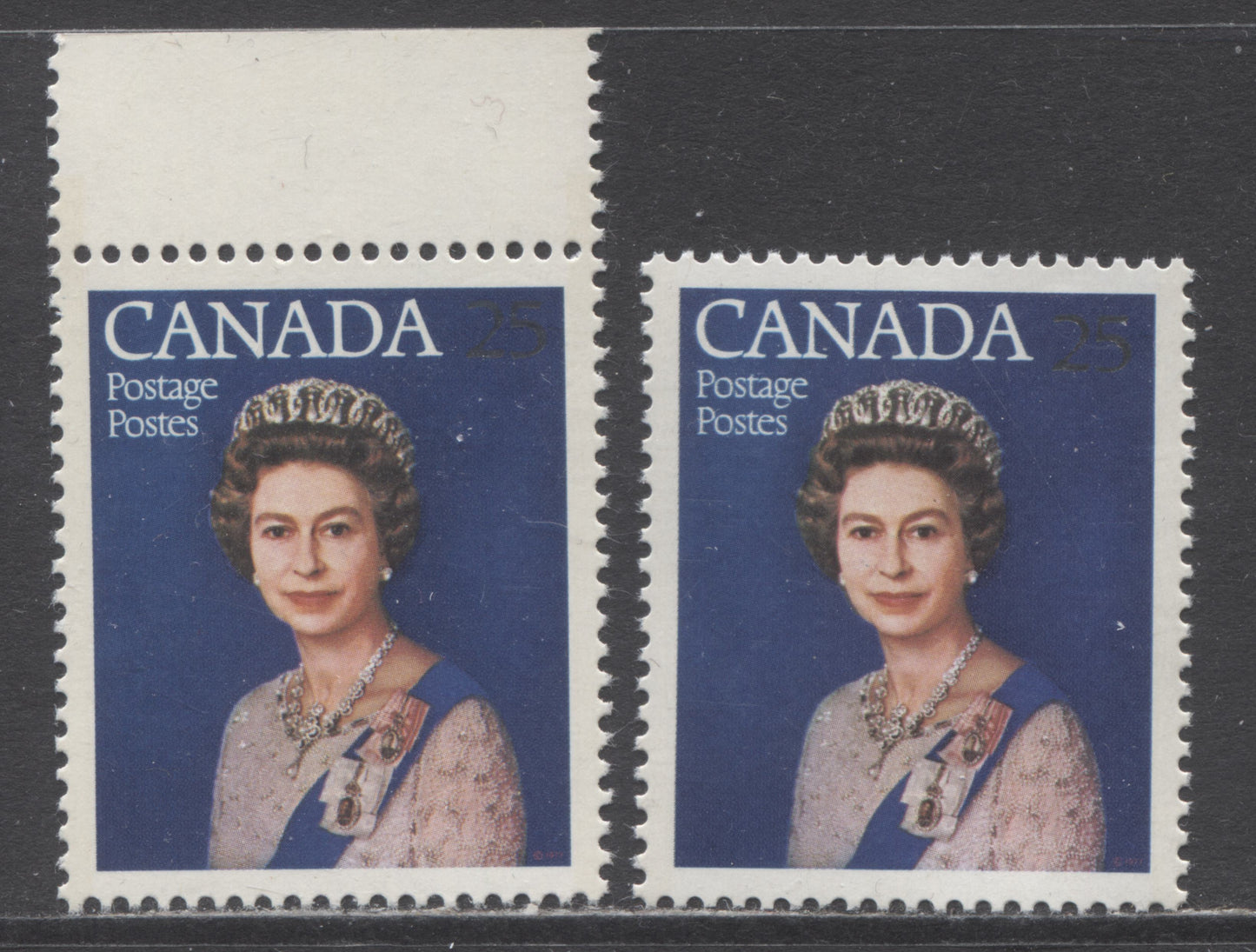 Canada #704iivar 25c Silver & Multicolored Queen Elizabeth II, 1977 Silver Jubilee Issue, 2 VFNH Singles With Dropped Silver Numerals On DF-fl Paper