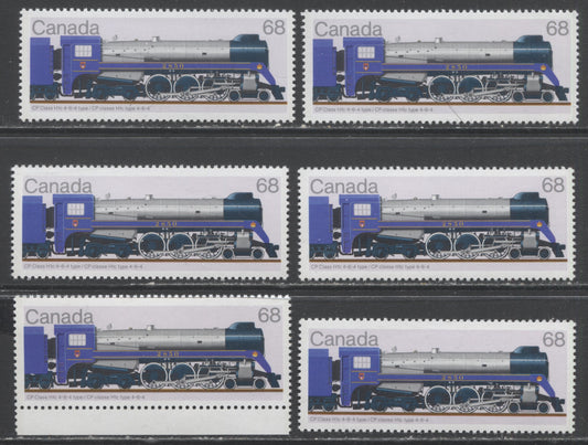 Canada #1121-iii 68c Multicolored CP Class H1c, 1986 Canadian Locomotive Issue, 6 VFNH Singles With Listed & Unlisted Paper Varieties