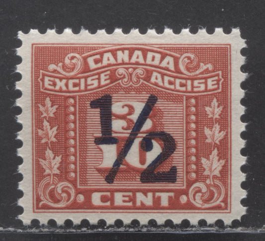 Lot 45 Canada #FX109 1/2c On 3/10c Red, 1932 - 1948 Surcharge On Three Leaf Excise Issue, A VFNH Single With Yellowish Gum