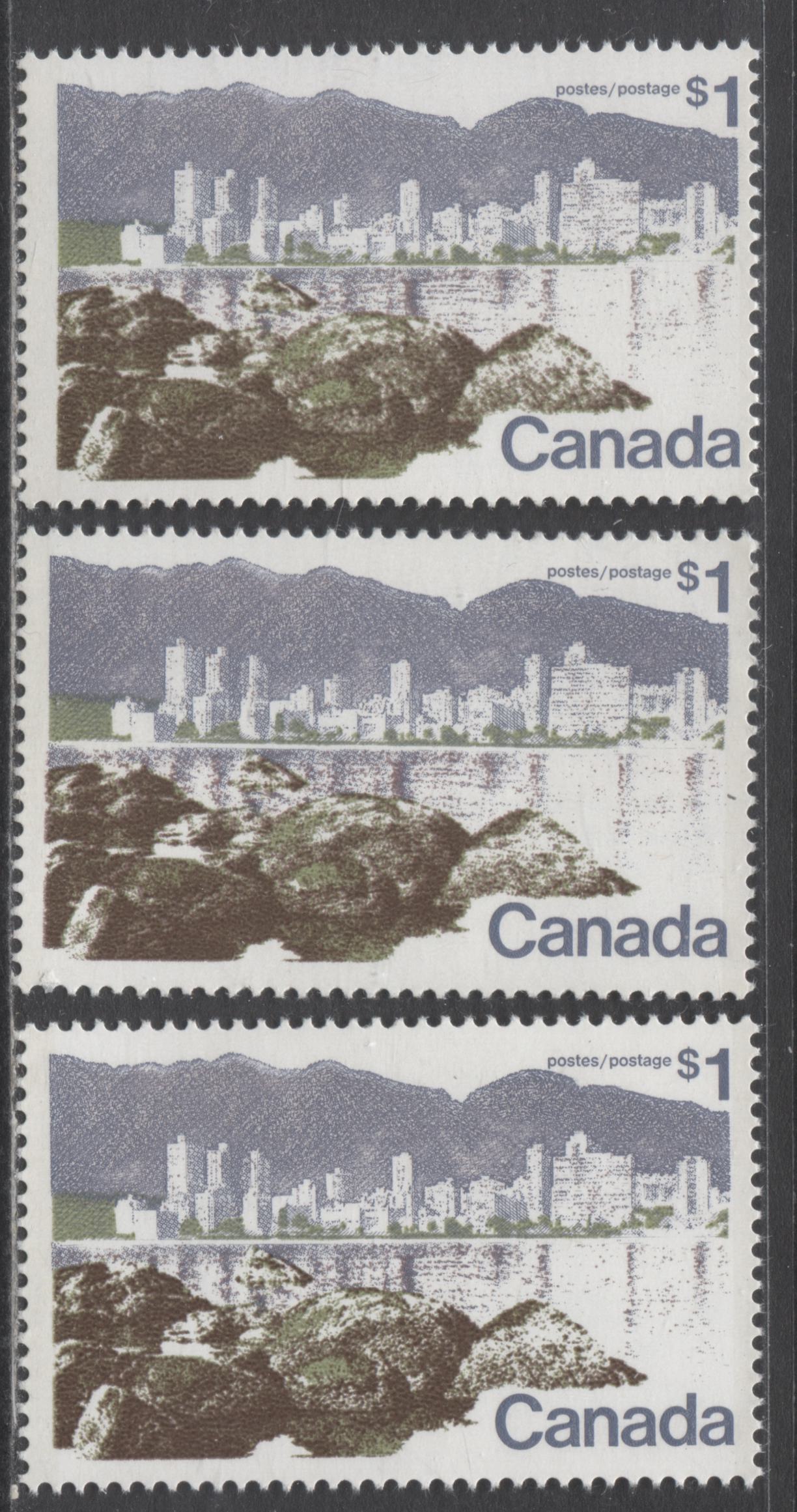 Canada #599a,aiv $1 Multicolored Vancouver, 1972 Landscape Definitives, 3 F/VFNH Singles On Various MF & NF Papers, Perf 13.3