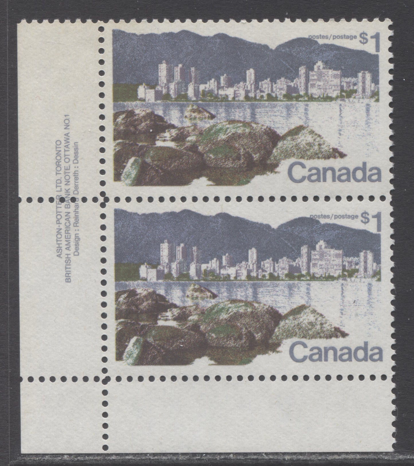 Canada #600 $1 Multicolored Vancouver, 1972 Landscape Definitives, A VFNH Plate Pair On LF-fl Flecked Vertical Ribbed Paper