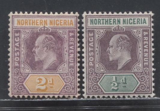 Northern Nigeria SC#19a/21a 1906-1907 King Edward VII Imperial Keyplate Issue, 1/2d Green & Lilac & 2d Orange & Lilac On Chalky Paper, Multiple Crown CA Wmk, 2 VFNH & FOG Singles, Estimated Value $20 USD