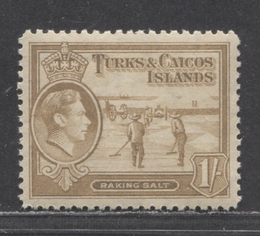 Turks & Caicos Islands SC#86 1/- Bistre 1938-1945 KGVI Issue, A VFNH Single, Click on Listing to See ALL Pictures, Estimated Value $4 USD