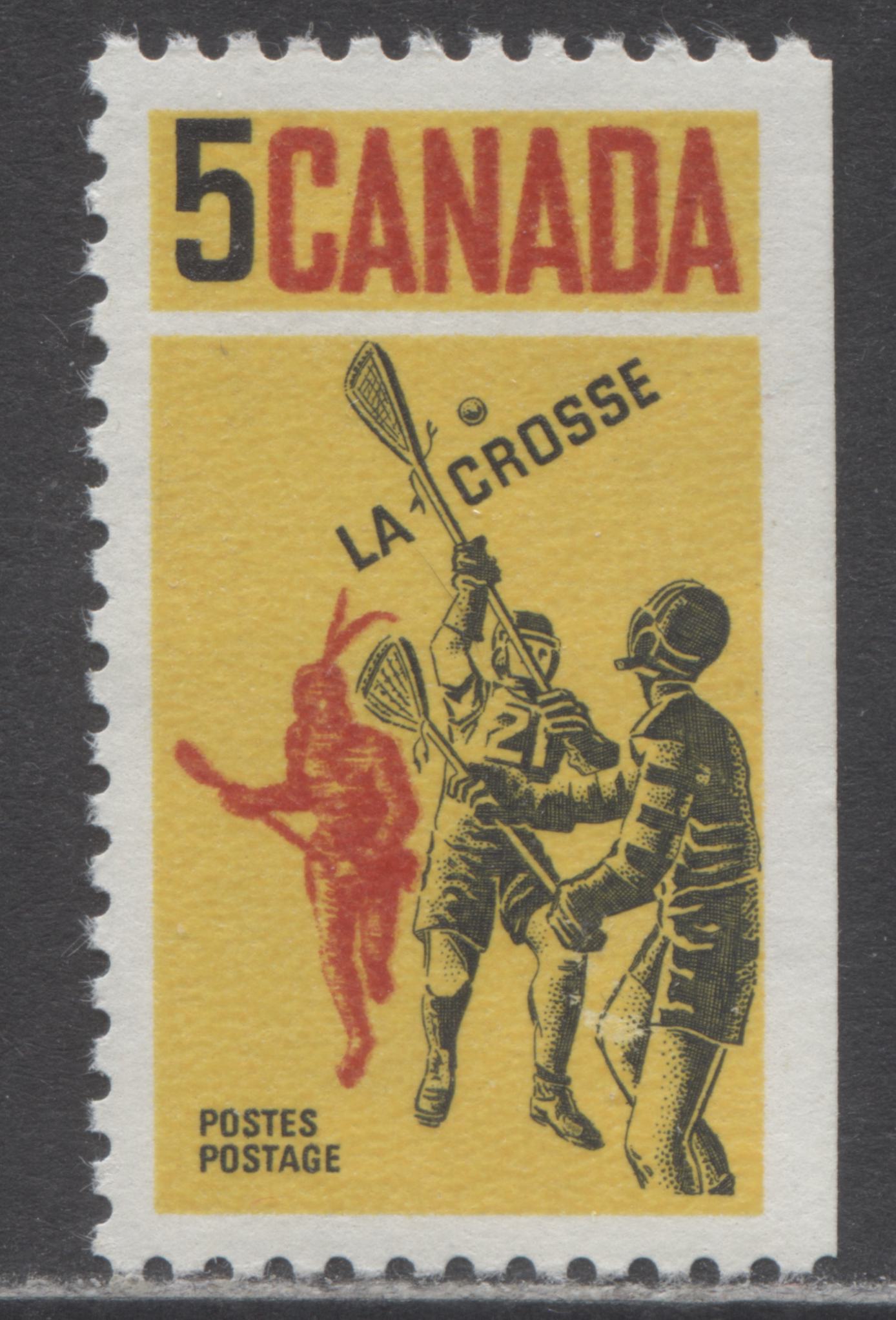 Lot 184 Canada #483i 5c Yellow, Black & Red Lacrosse Players, 1968 Lacrosse, A VFNH Single On DF Grayish White Paper With Kiss Print Doubling Of Red & Raised '5'