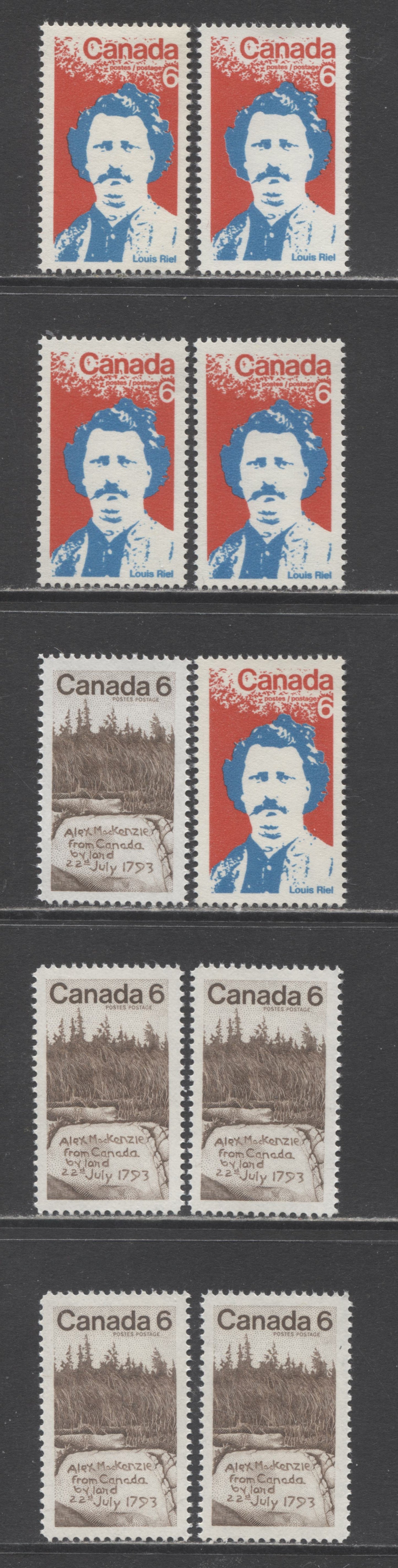 Canada #515-516 6c Red and Bright Blue & Brown Louis Riel & Carved Inscription, 1970 Louis Riel & Sir Alexander Mackenzie Issues, 10 VFNH Singles On Different Smooth & Vertcal Ribbed Papers
