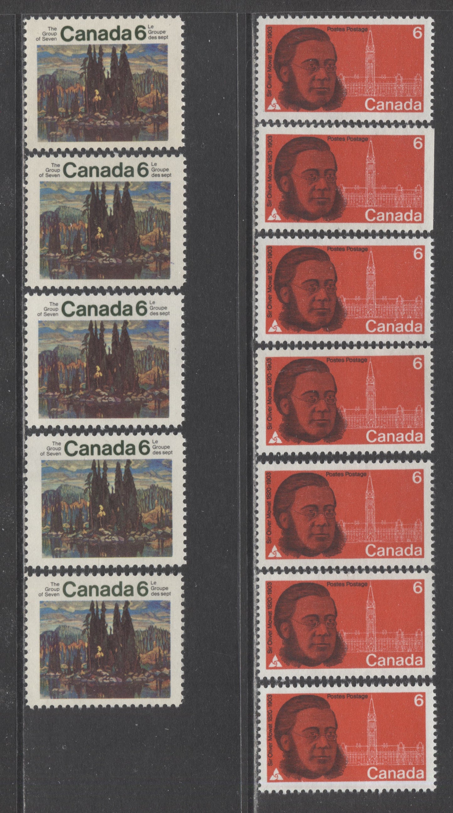 Canada #517-518 6c Red and Black & Multicolored Mowat and Parliament Buildings & Isles Of Spruce, 1970 Sir Oliver Mowat & Group Of Seven Issues, 12 VFNH Singles With Different Ribbed & Smooth Papers