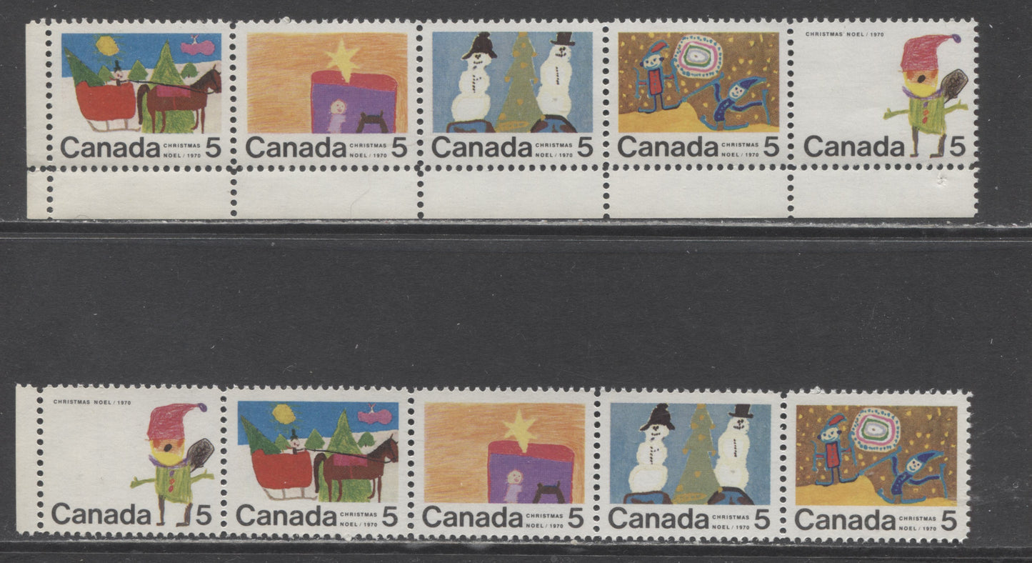 Canada #523a 5c Multicolored Santa Claus/Snowmen & Christmas Tree, 1970 Christmas Issue, 2 VFNH Horizontal Strips Of 5 On HB11 & HB12 Vertical Ribbed Papers