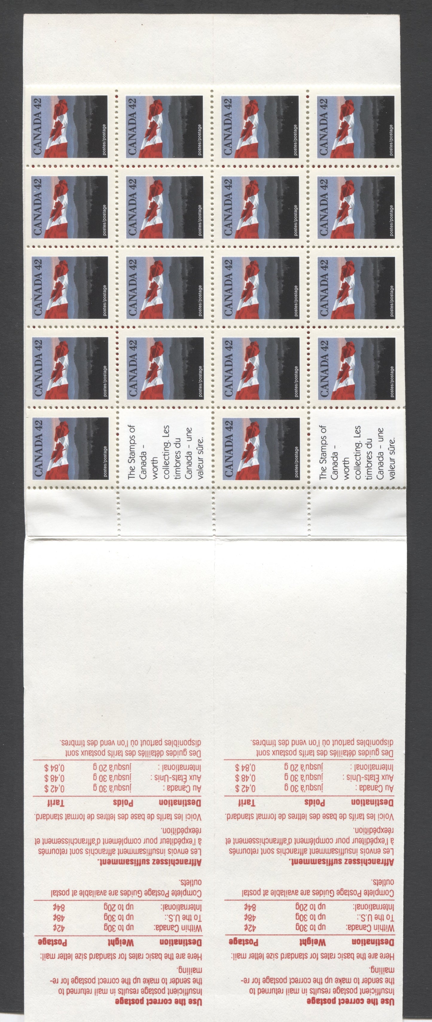 Canada #BK139a-c 1991-1998 Fruit and Flag Definitive Issue, Complete $21 Booklet, Coated Papers Paper, Dead Paper, 4 mm GT-4 Tagging