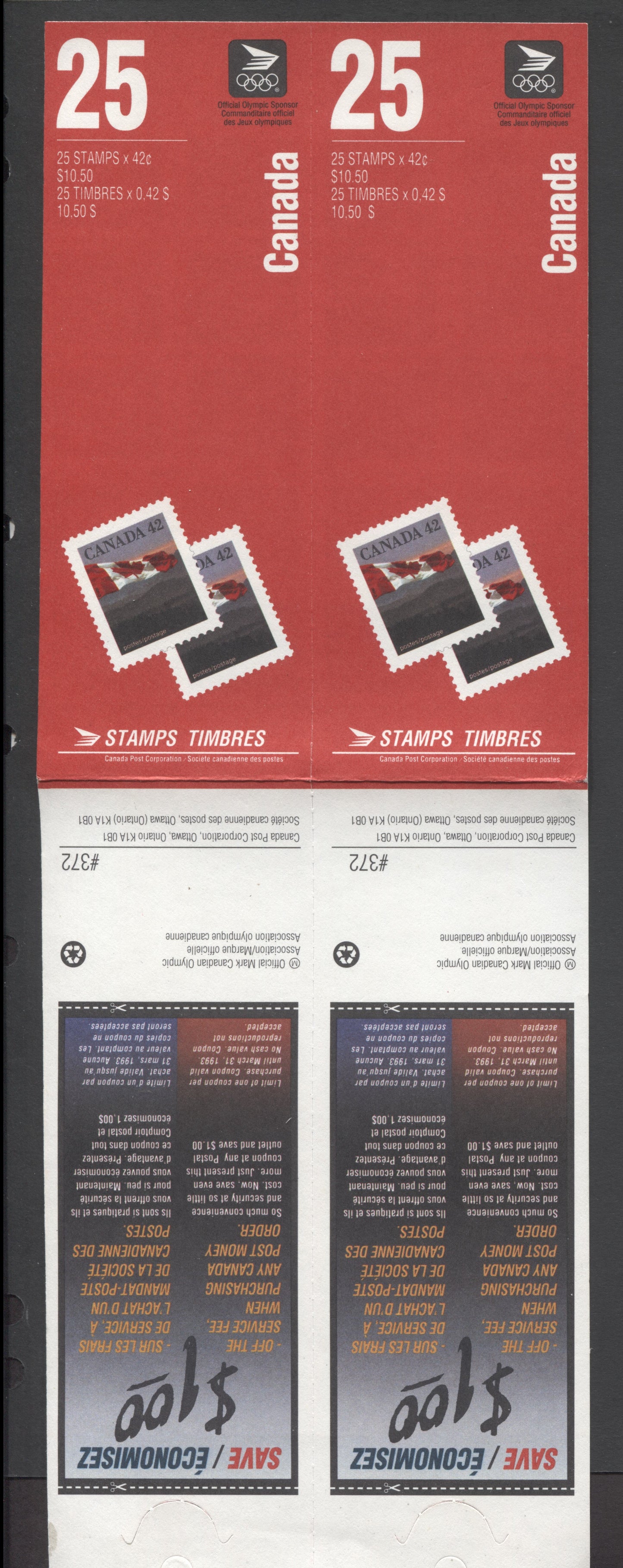 Canada #BK139a-c 1991-1998 Fruit and Flag Definitive Issue, Complete $21 Booklet, Coated Papers Paper, Dead Paper, 4 mm GT-4 Tagging