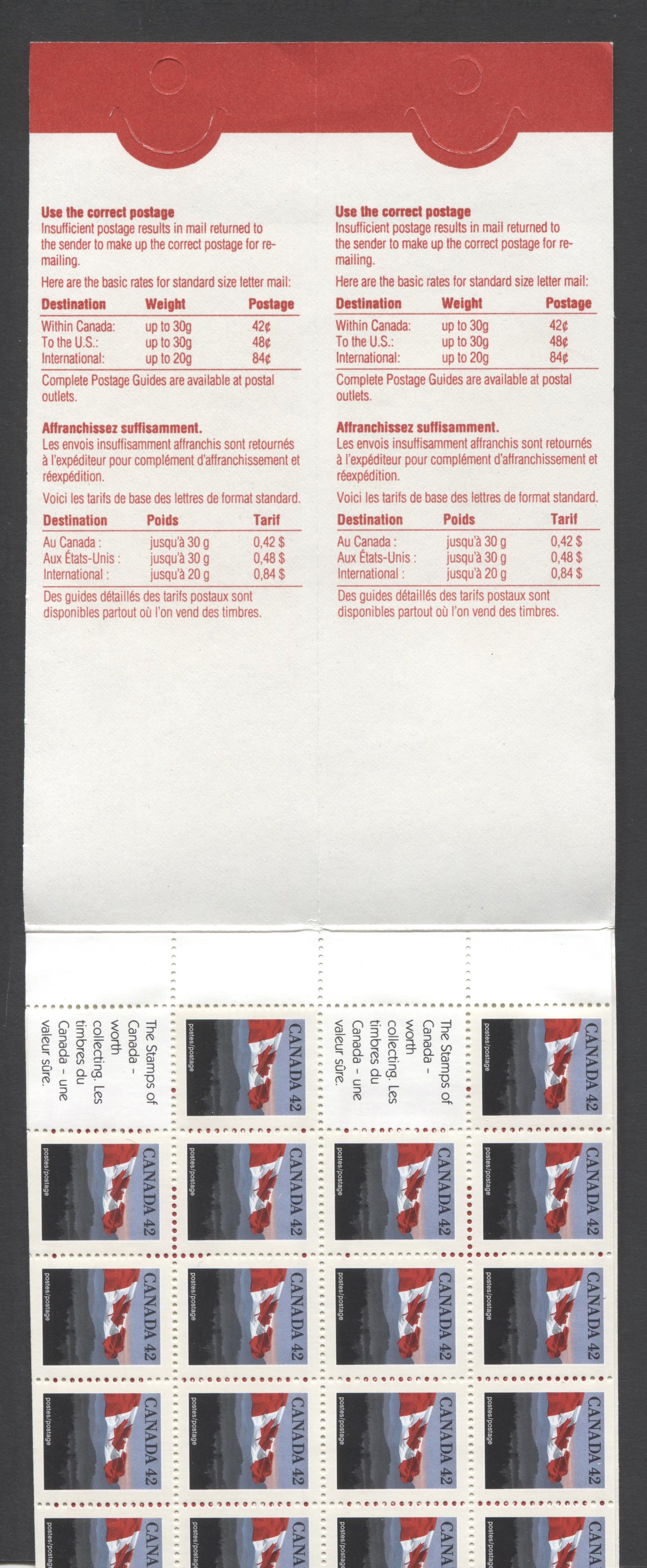 Canada #BK139a-c 1991-1998 Fruit and Flag Definitive Issue, Complete $21 Booklet, Coated Papers Paper, Dead Paper, 4 mm GT-4 Tagging