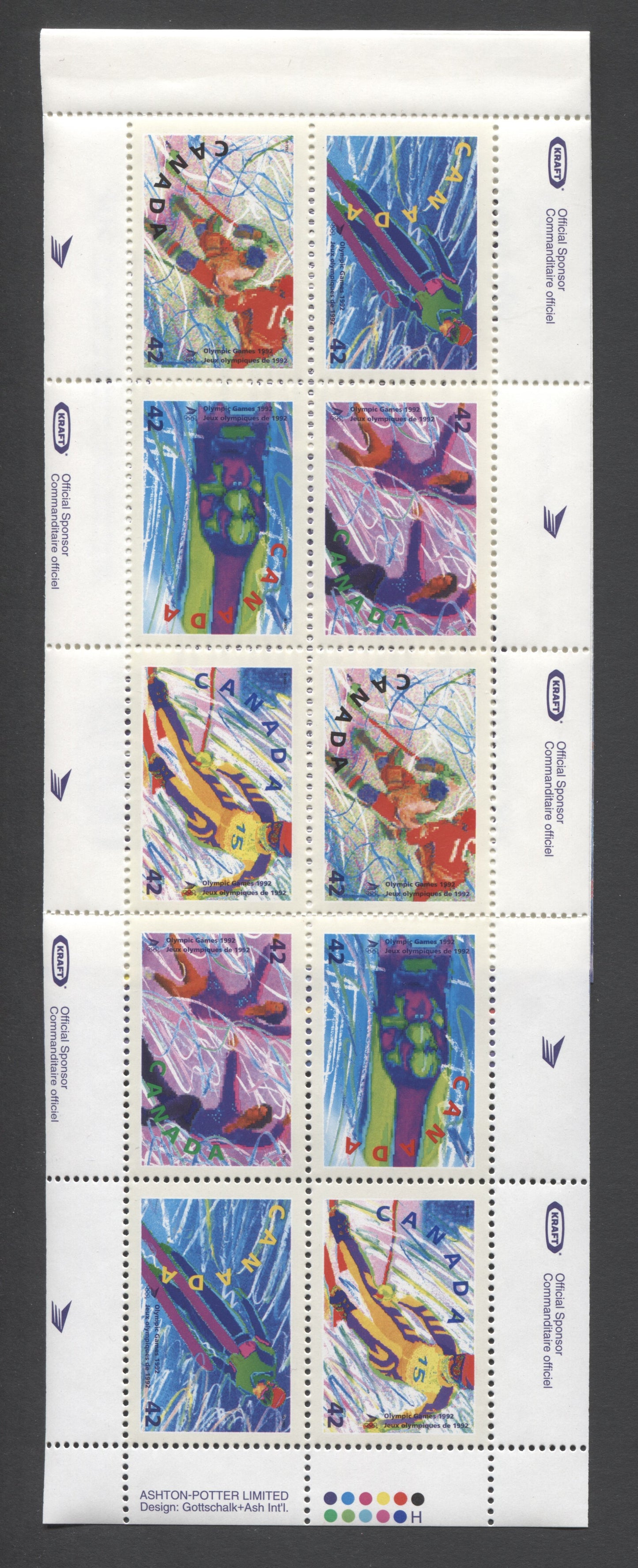 Canada #BK144a-c 1992 Winter Olympics Issue, Complete $4.20  Booklet, Coated Papers Paper, Dead Paper, 4 mm GT-4 Tagging