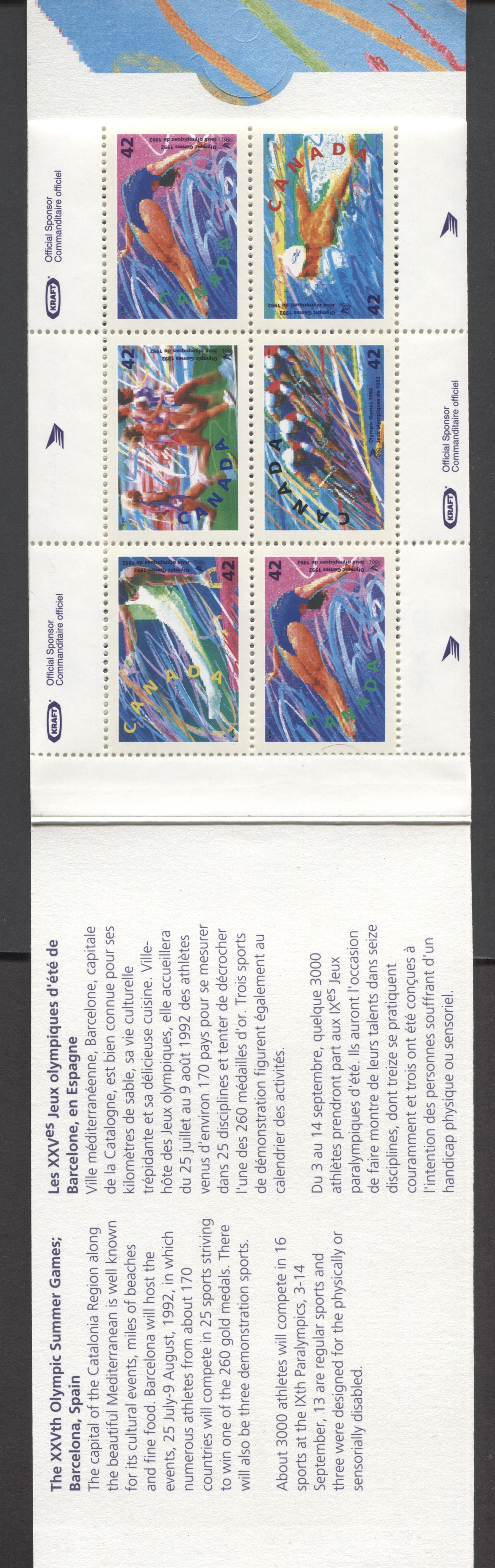 Canada #BK146a-d 1992 Summer Olympics Issue, Complete $4.20  Booklet, Harrison Paper, Dead Paper, 4 mm GT-4 Tagging