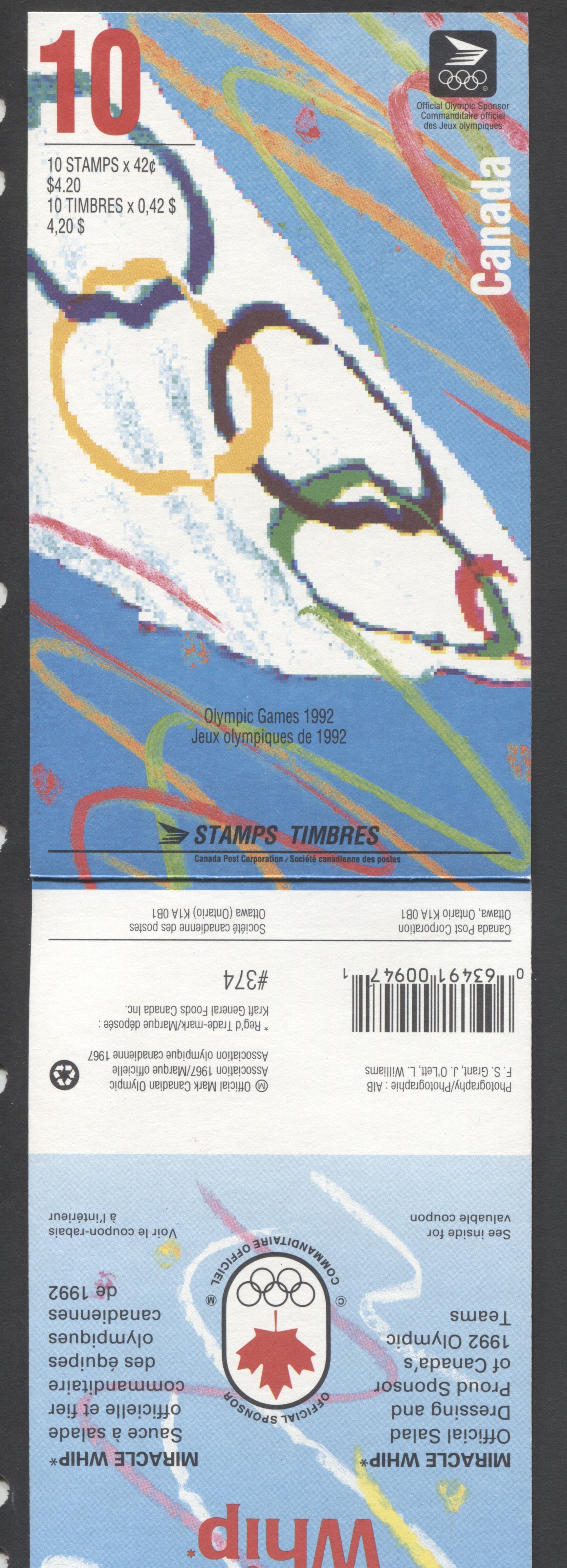 Canada #BK146a-d 1992 Summer Olympics Issue, Complete $4.20  Booklet, Harrison Paper, Dead Paper, 4 mm GT-4 Tagging