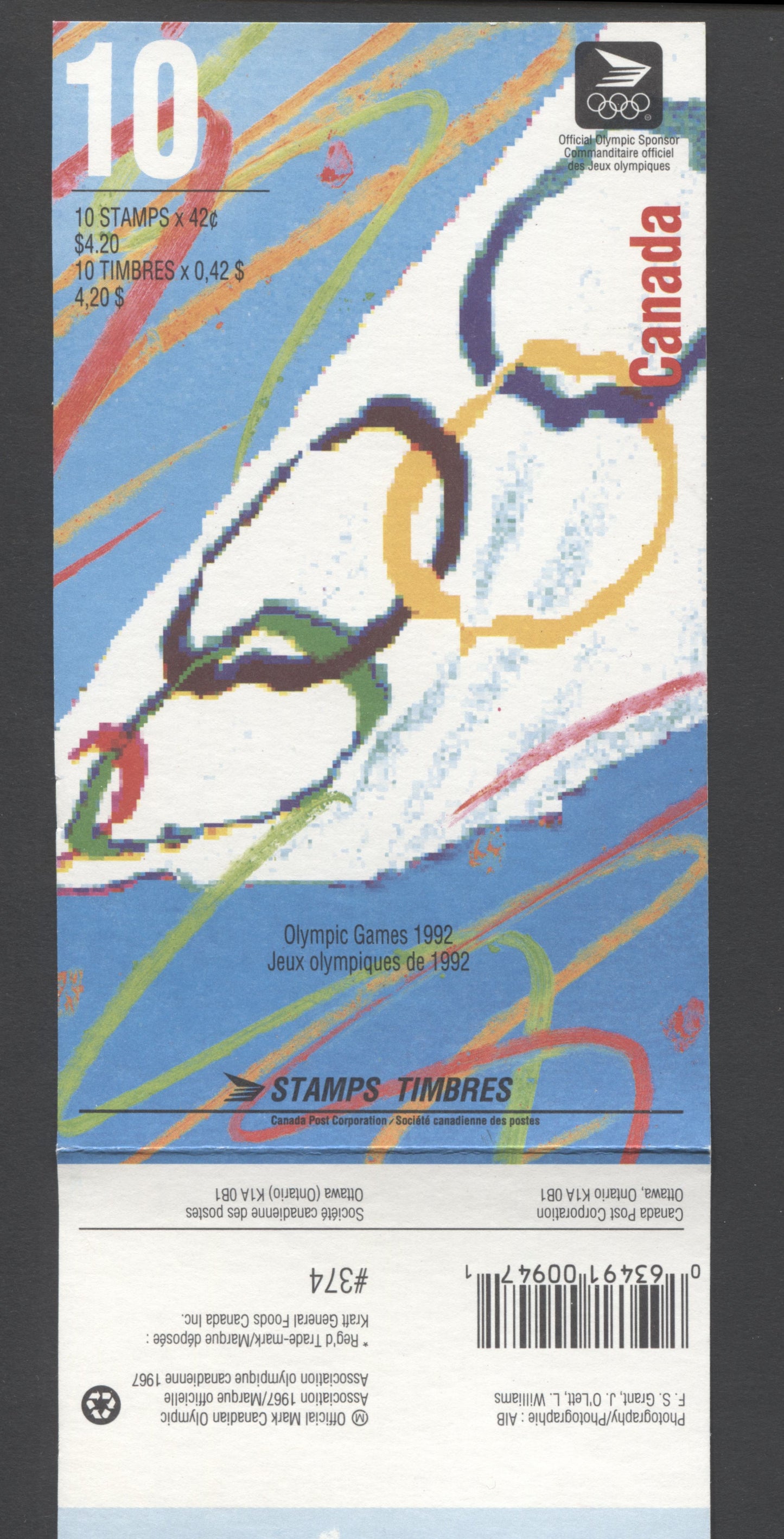 Canada #BK146a-d 1992 Summer Olympics Issue, Complete $4.20  Booklet, Harrison Paper, Dead Paper, 4 mm GT-4 Tagging