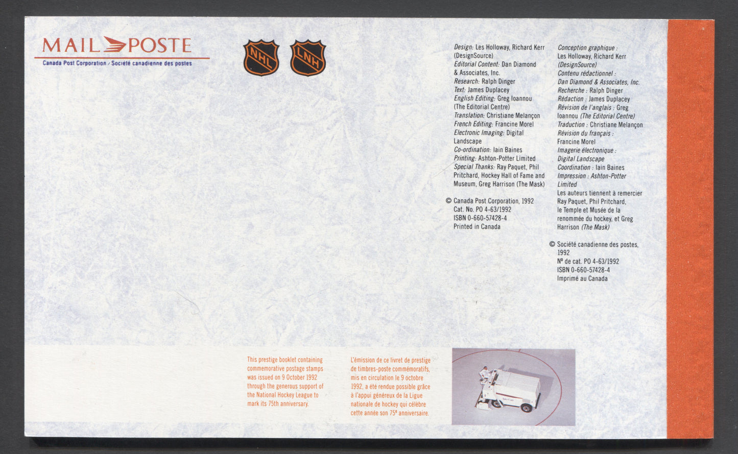 Canada #BK148a-c 1992 NHL Issue, Complete $10.50  Booklet, Harrison Paper, Dead Paper, 4 mm GT-4 Tagging