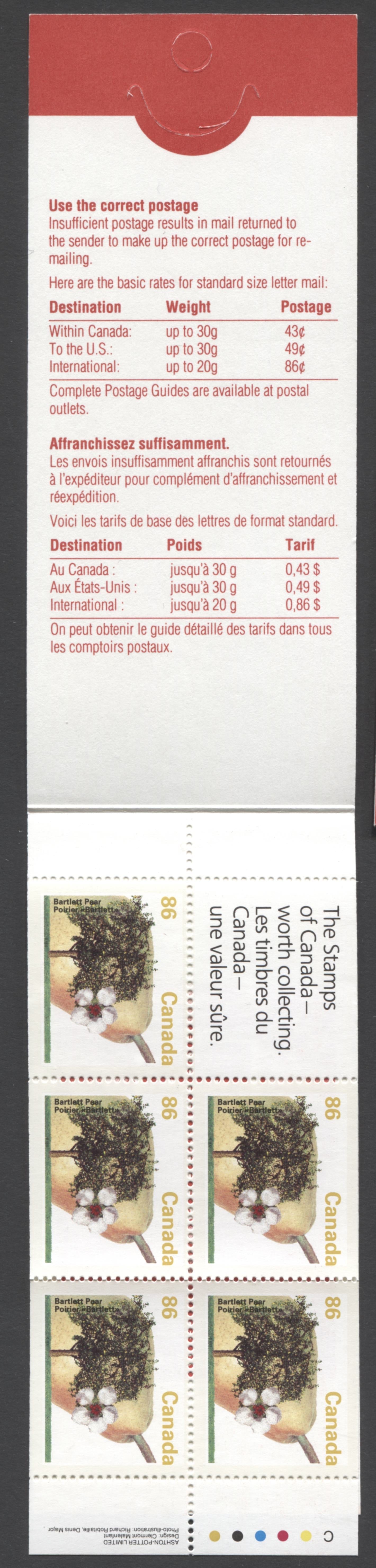 Canada #BK157a-d 1991-1998 Fruit and Flag Definitive Issue, Complete $4.30 Booklet, Coated Papers Paper, Dead Paper, 4 mm GT-4 Tagging