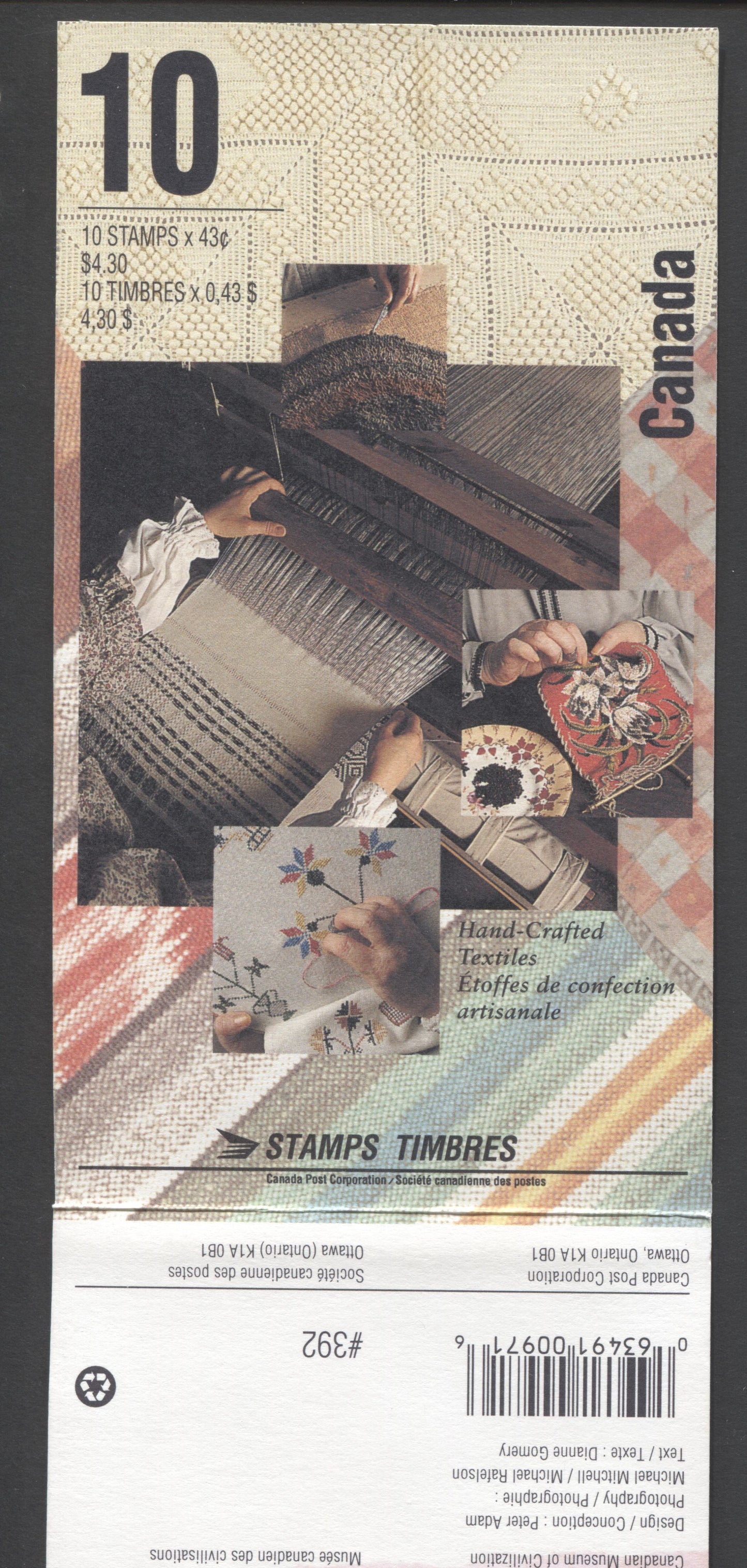 Canada #BK159a-b 1993 Hand Crafted Textiles Issue, Complete $4.30  Booklet, Harrison Paper, Dead Paper, 4 mm GT-4 Tagging