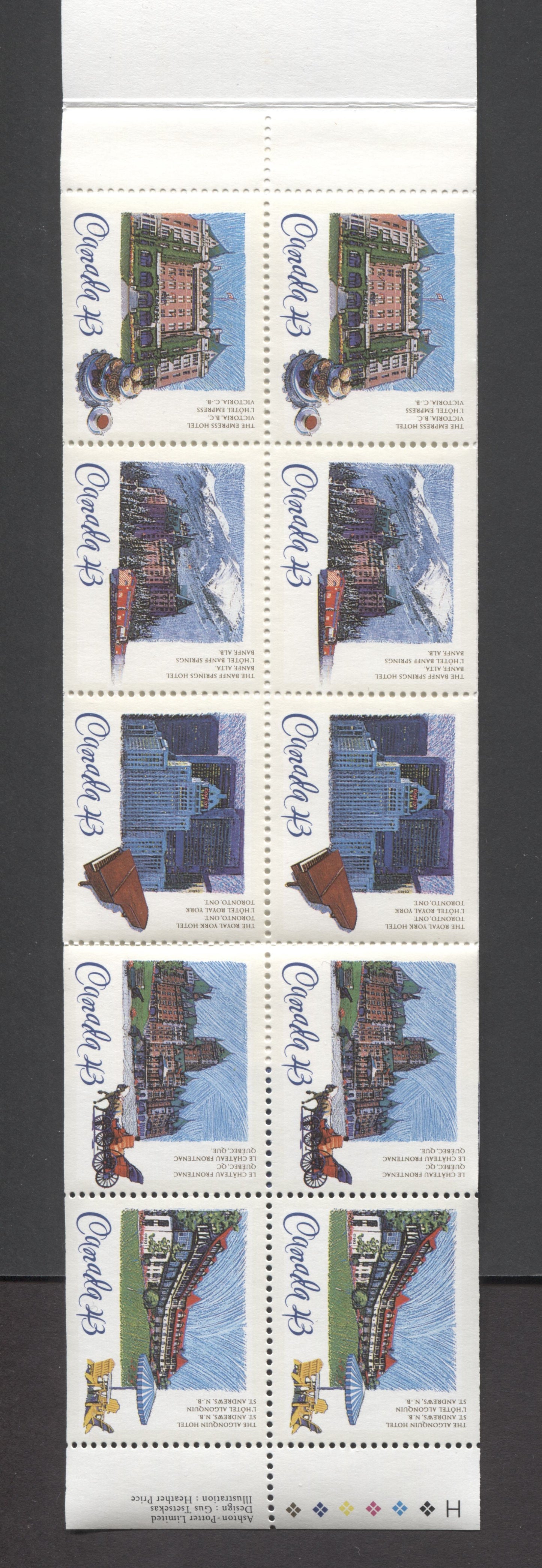 Canada #BK160a-b 1993 Historic CPR Hotels Issue, Complete $4.30  Booklet, Harrison Paper, Dead Paper, 4 mm GT-4 Tagging