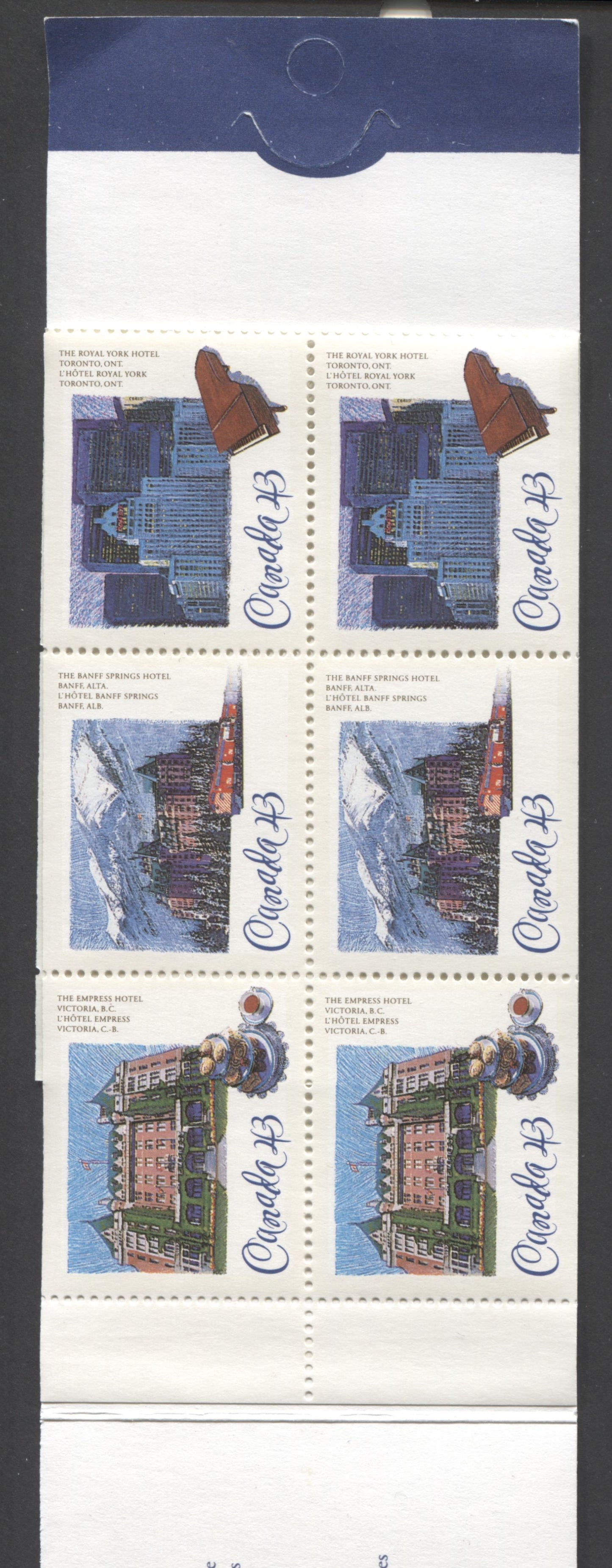 Canada #BK160a-b 1993 Historic CPR Hotels Issue, Complete $4.30  Booklet, Harrison Paper, Dead Paper, 4 mm GT-4 Tagging