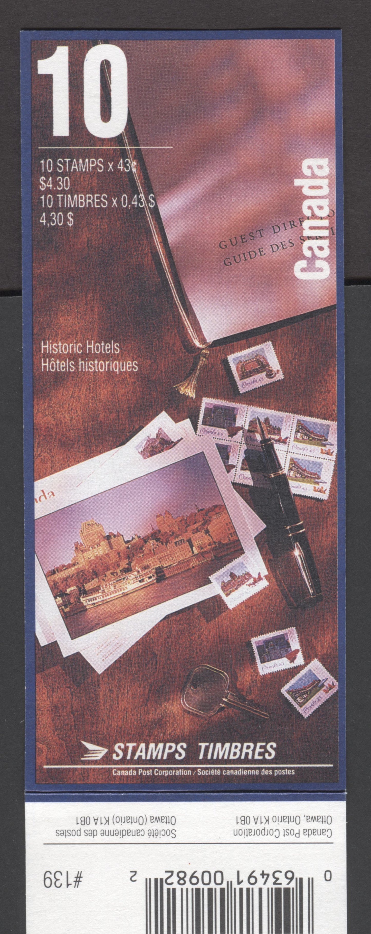 Canada #BK160a-b 1993 Historic CPR Hotels Issue, Complete $4.30  Booklet, Harrison Paper, Dead Paper, 4 mm GT-4 Tagging