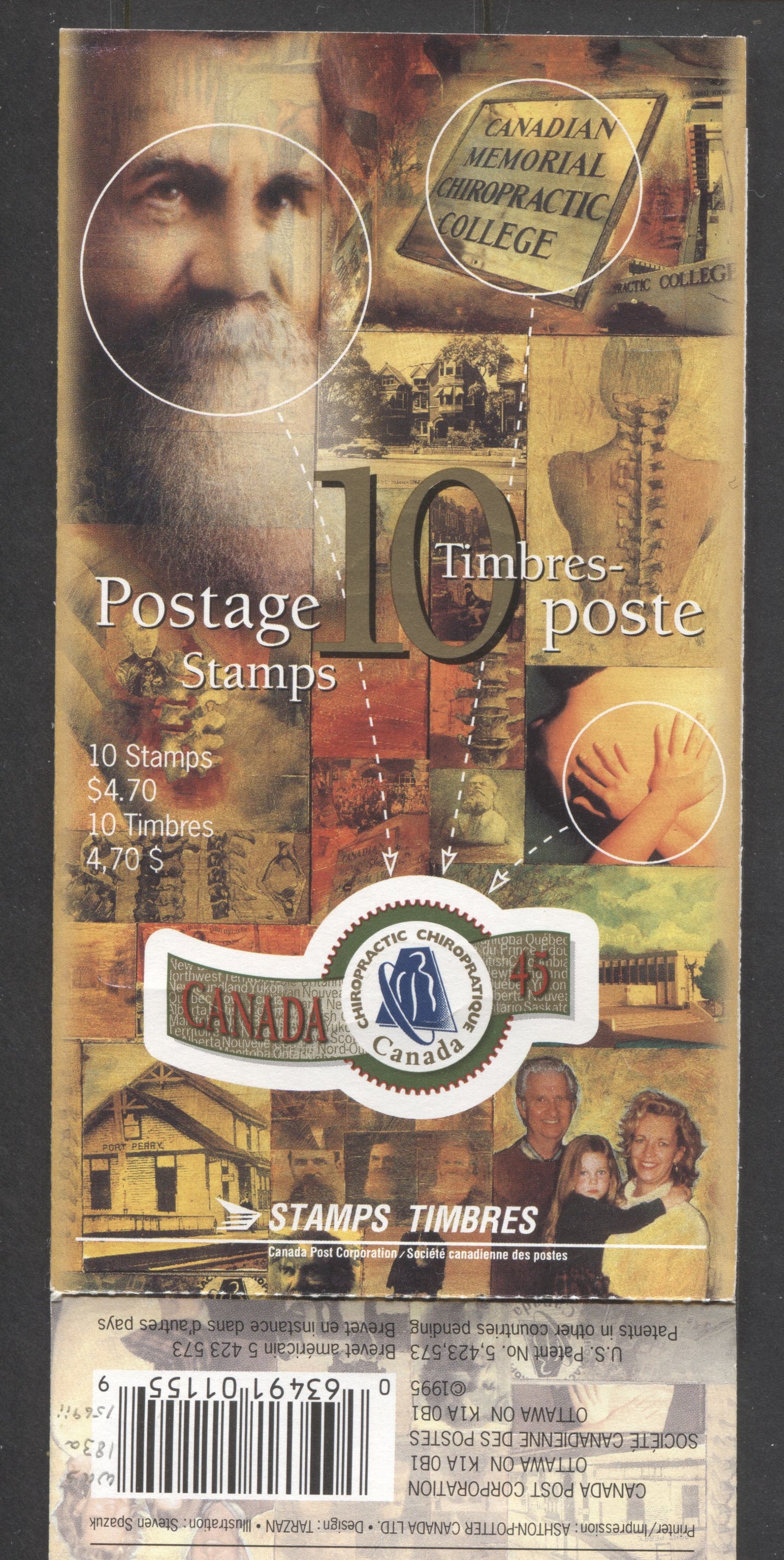 Canada #BK183a-b 1995 Chiropractic Greetings Issue, Complete $4.50 Booklet, Coated Papers Paper, Dead Paper, 4 mm Tagged to Shape