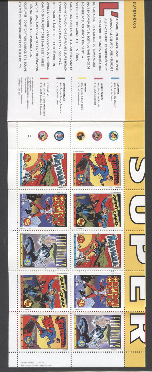 Canada #BK185a-b 1995 Comic Book Superheroes Issue, Complete $4.50 Booklet, Coated Papers Paper, Dead Paper, 4 mm GT-4 Tagging