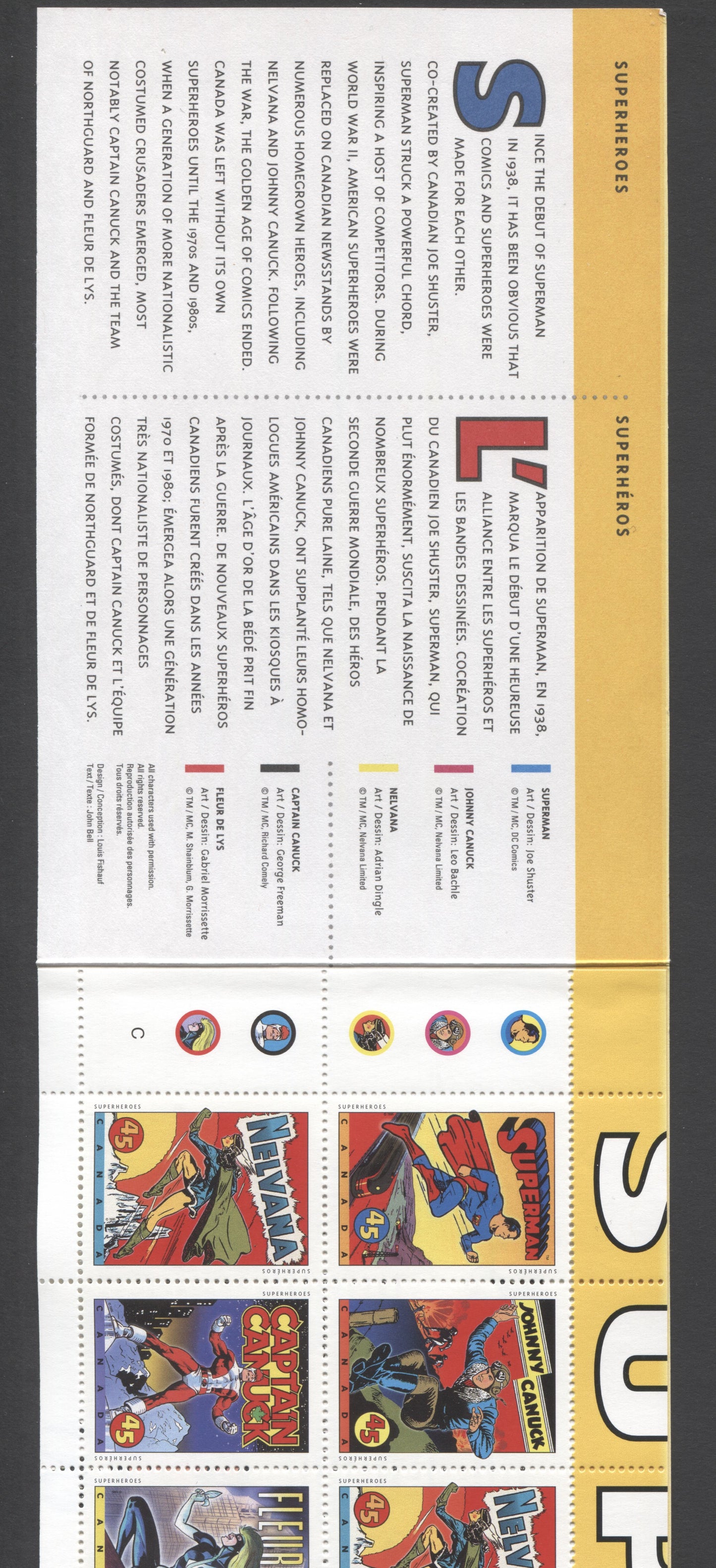 Canada #BK185a-b 1995 Comic Book Superheroes Issue, Complete $4.50 Booklet, Coated Papers Paper, Dead Paper, 4 mm GT-4 Tagging