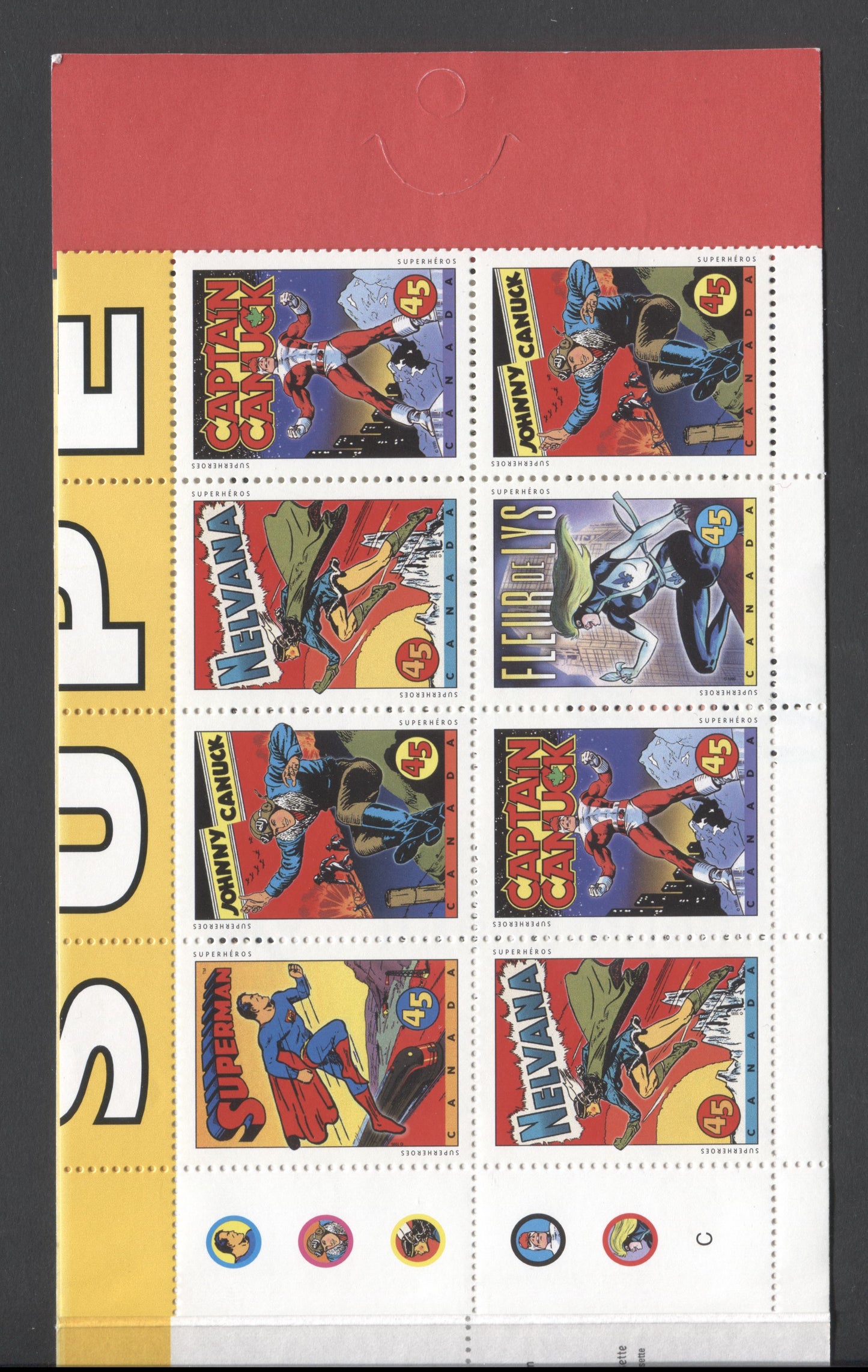 Canada #BK185a-b 1995 Comic Book Superheroes Issue, Complete $4.50 Booklet, Coated Papers Paper, Dead Paper, 4 mm GT-4 Tagging