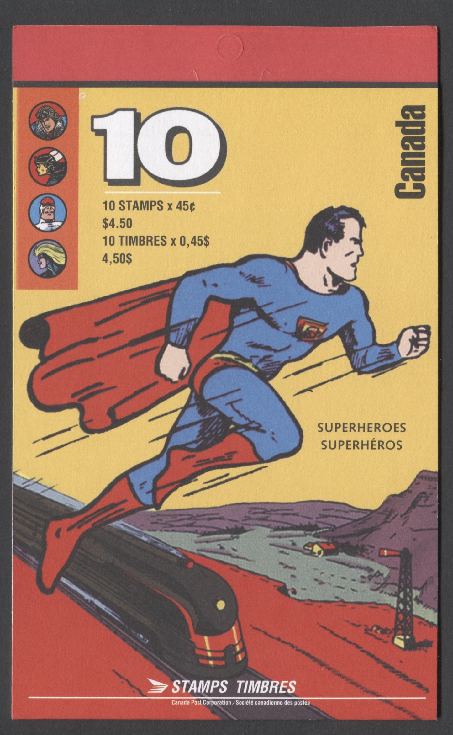 Canada #BK185a-b 1995 Comic Book Superheroes Issue, Complete $4.50 Booklet, Coated Papers Paper, Dead Paper, 4 mm GT-4 Tagging