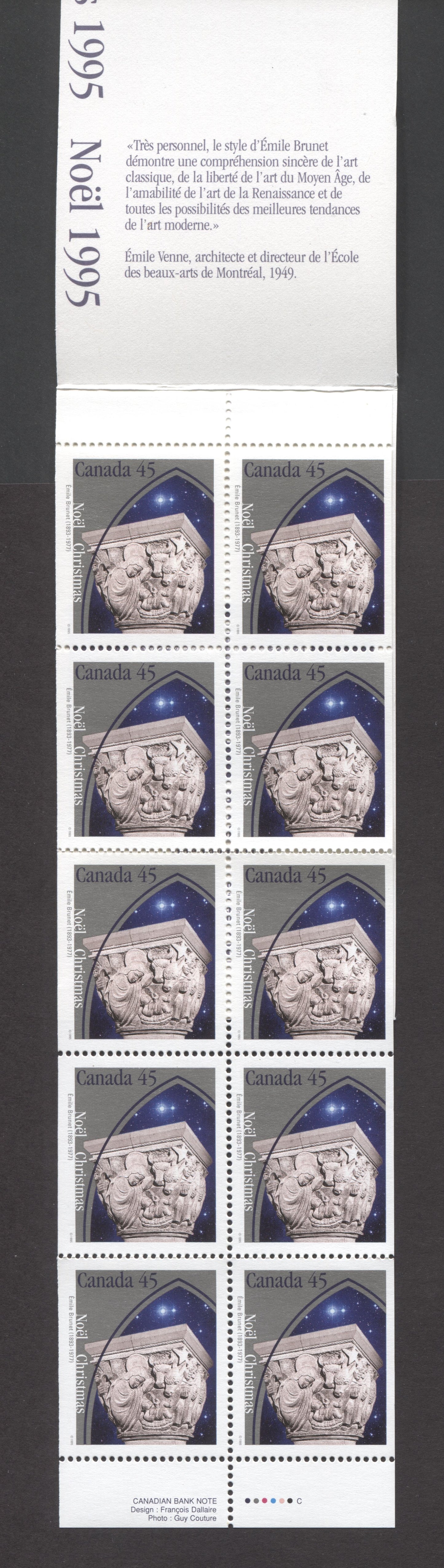 Canada #BK187a-b 1995 Christmas Issue, Complete $4.50 Booklet, Coated Papers Paper, Dead Paper, 4 mm GT-4 Tagging